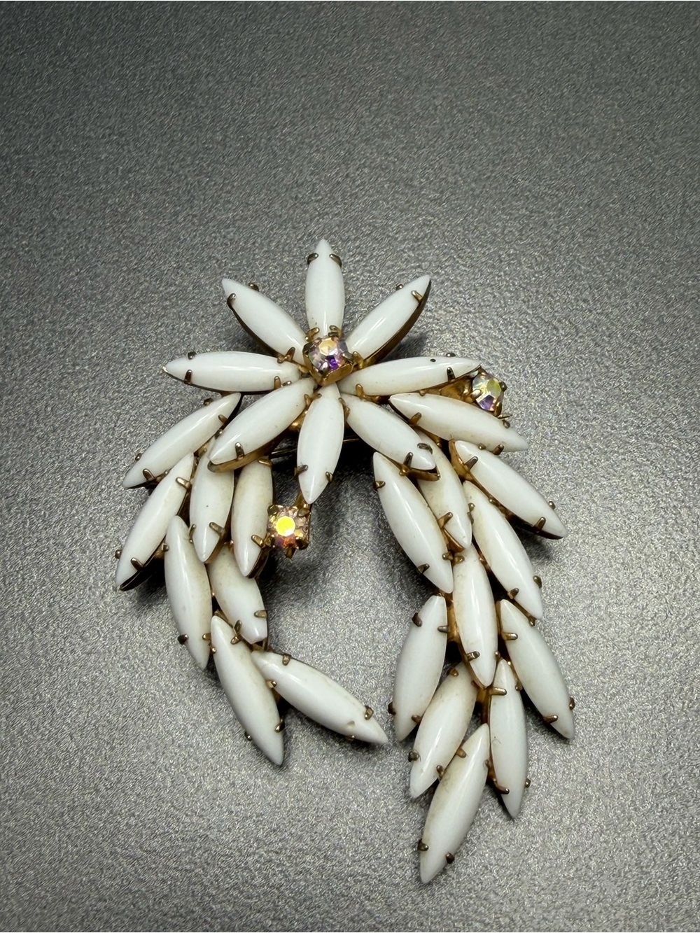 Vintage Milk Glass Spray Marquise Statement Brooch #cz62